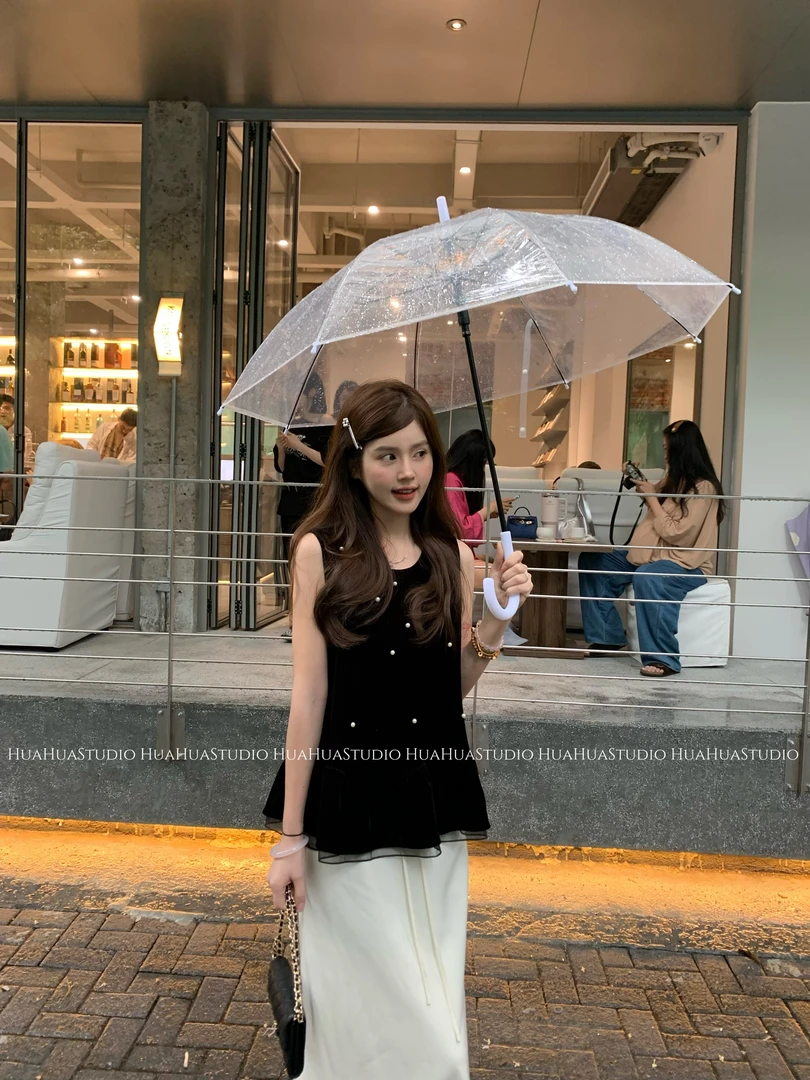 【花花】知音~千金感穿搭珠荷叶边丝绒拼接网纱小衫