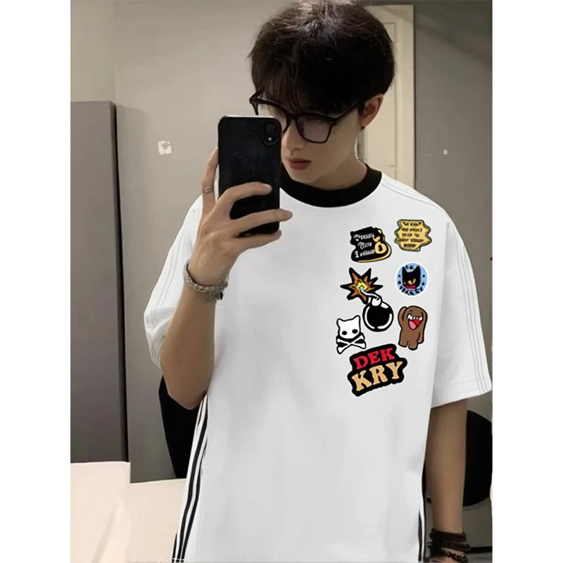 labzaa潮牌创意卡通印花拼色条纹短袖男夏休闲情侣纯棉t恤上衣ins