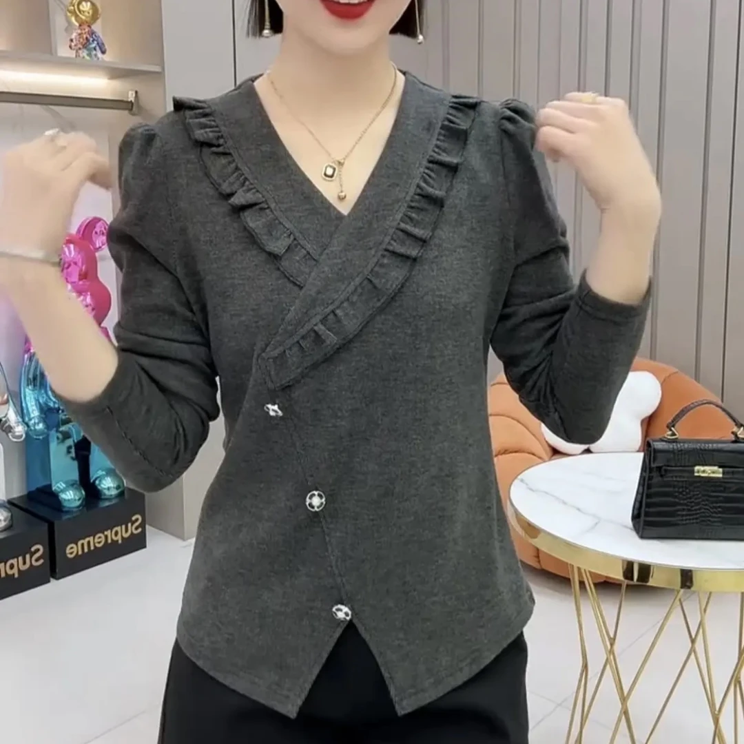 不规则t恤女2025春季新款黑色长袖打底衫法式小众交叉V领上衣