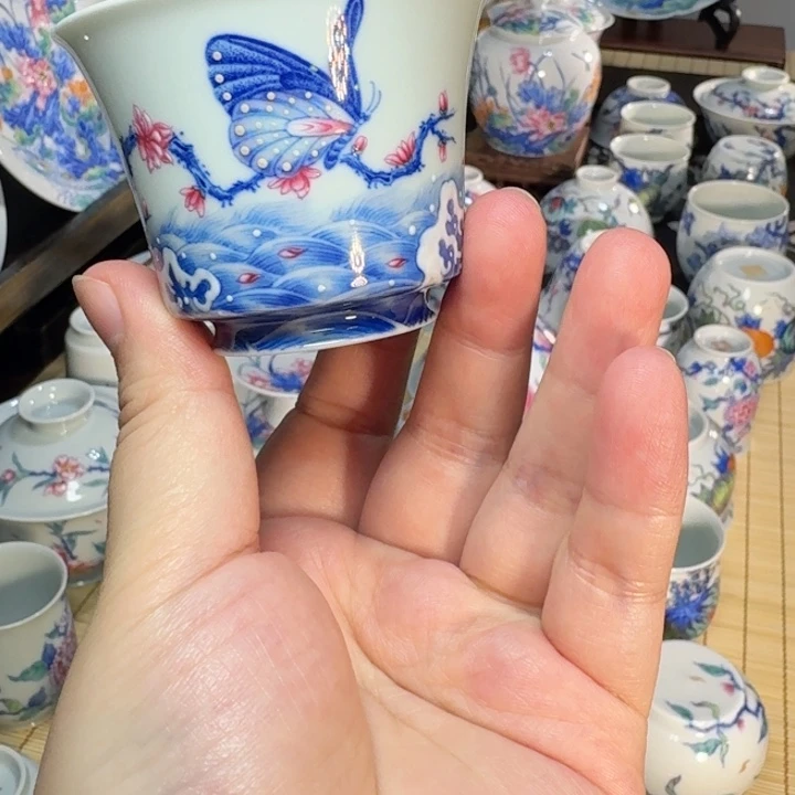 迪***渣斗彩蝶恋花海两只蝴蝶品茗杯