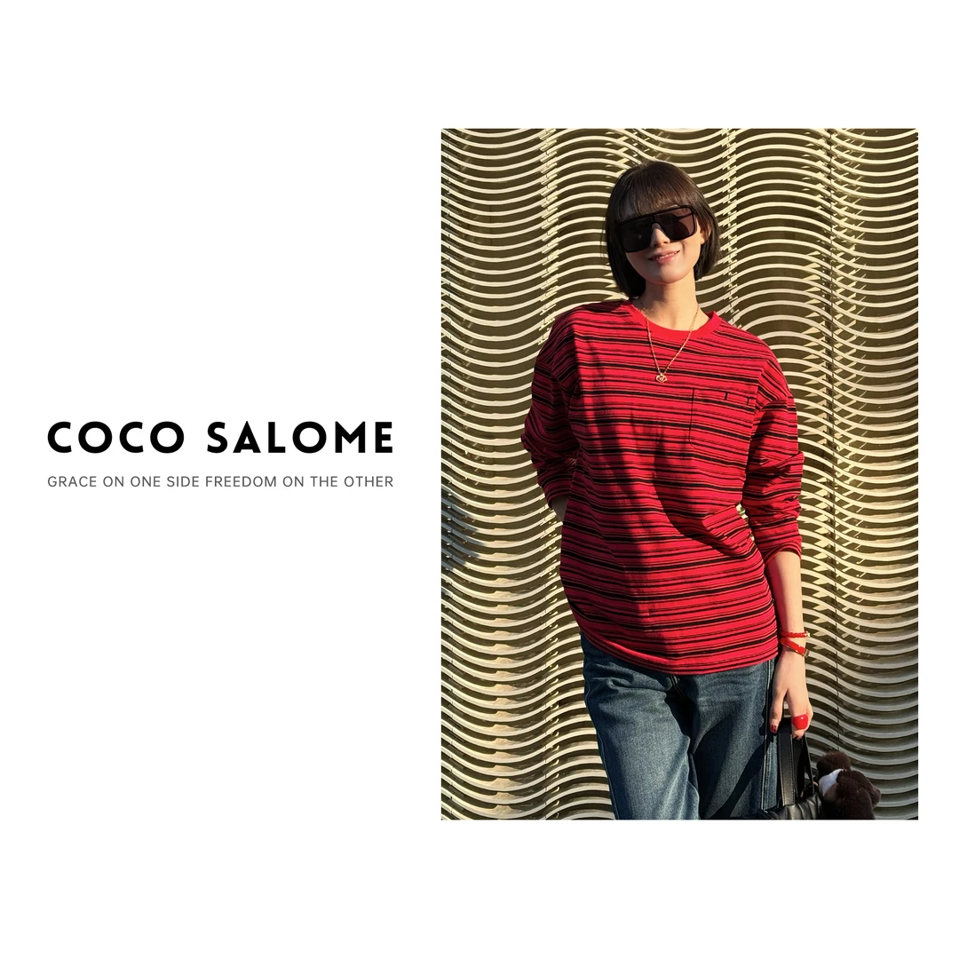 COCO SALOME⒁【好运来】100棉230g大版黑红撞色条纹圆领长袖087H