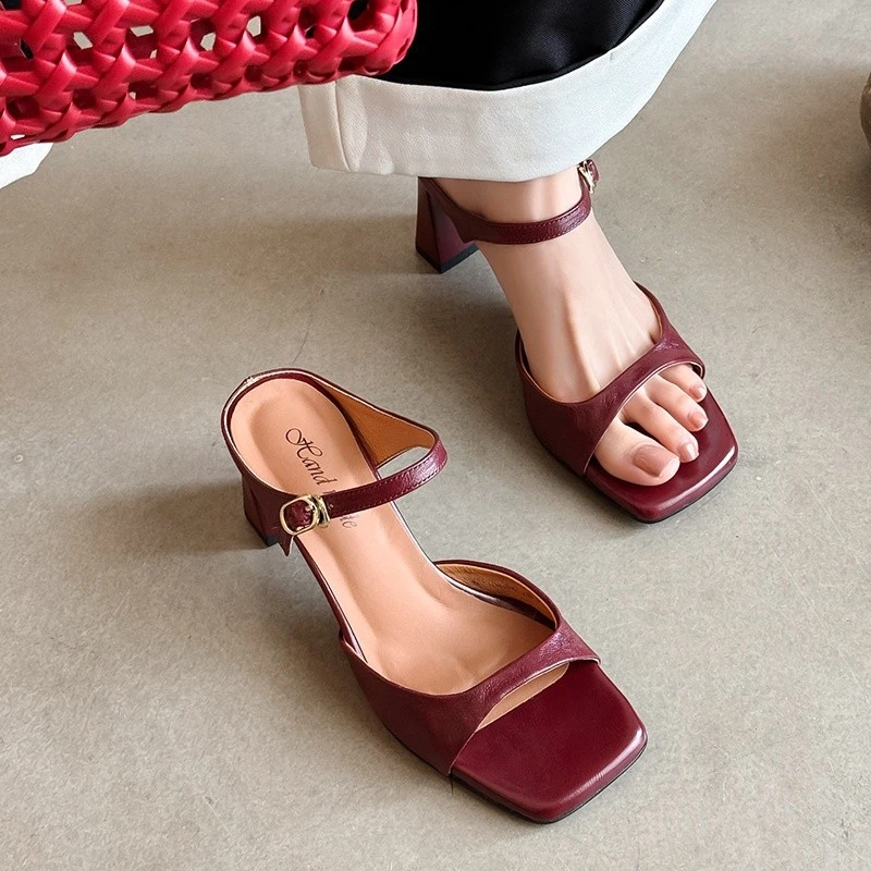 罗马风露趾一字方头凉鞋凉拖鞋女外穿粗跟高跟拖鞋