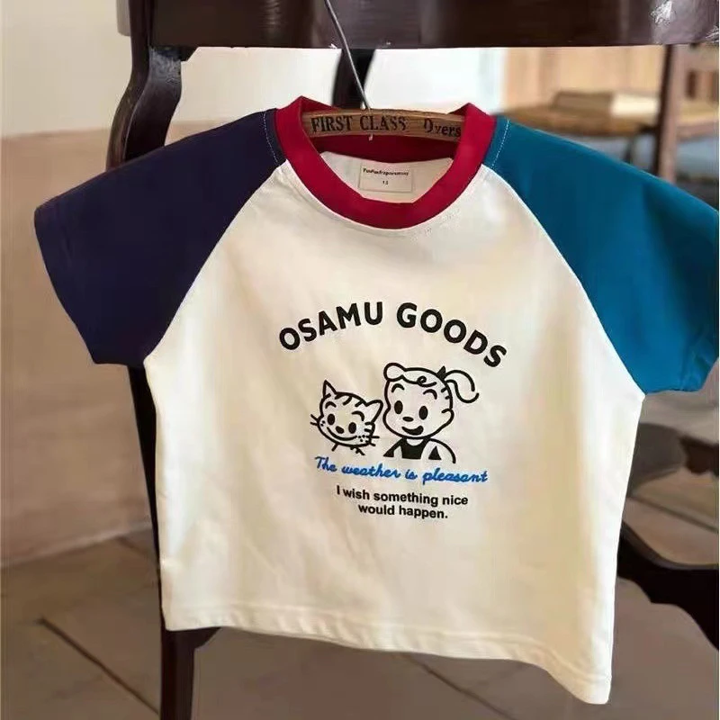 儿童印花夏季卡通短袖夏季T恤上衣拼色