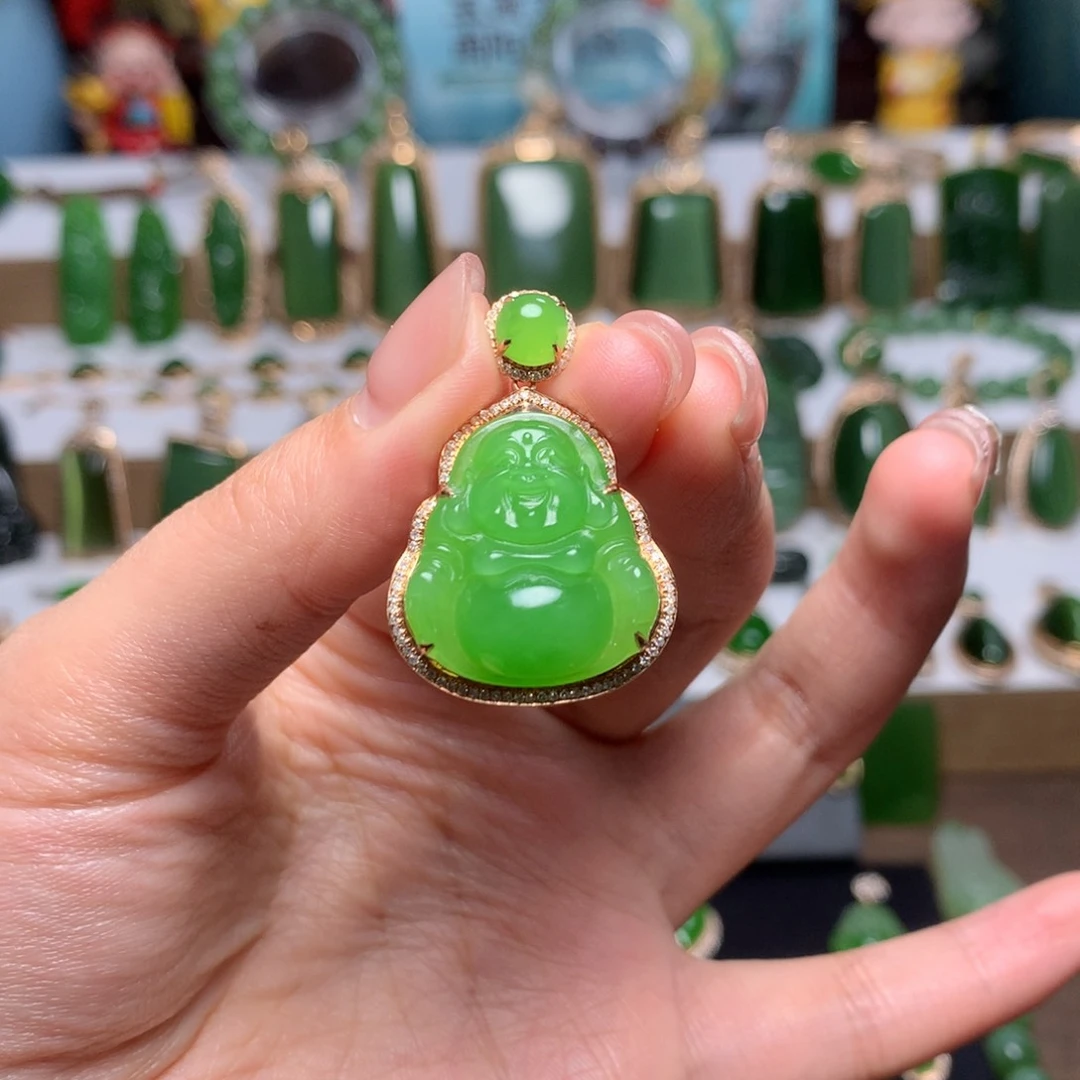 和田玉（碧玉）吊坠18K金镶嵌