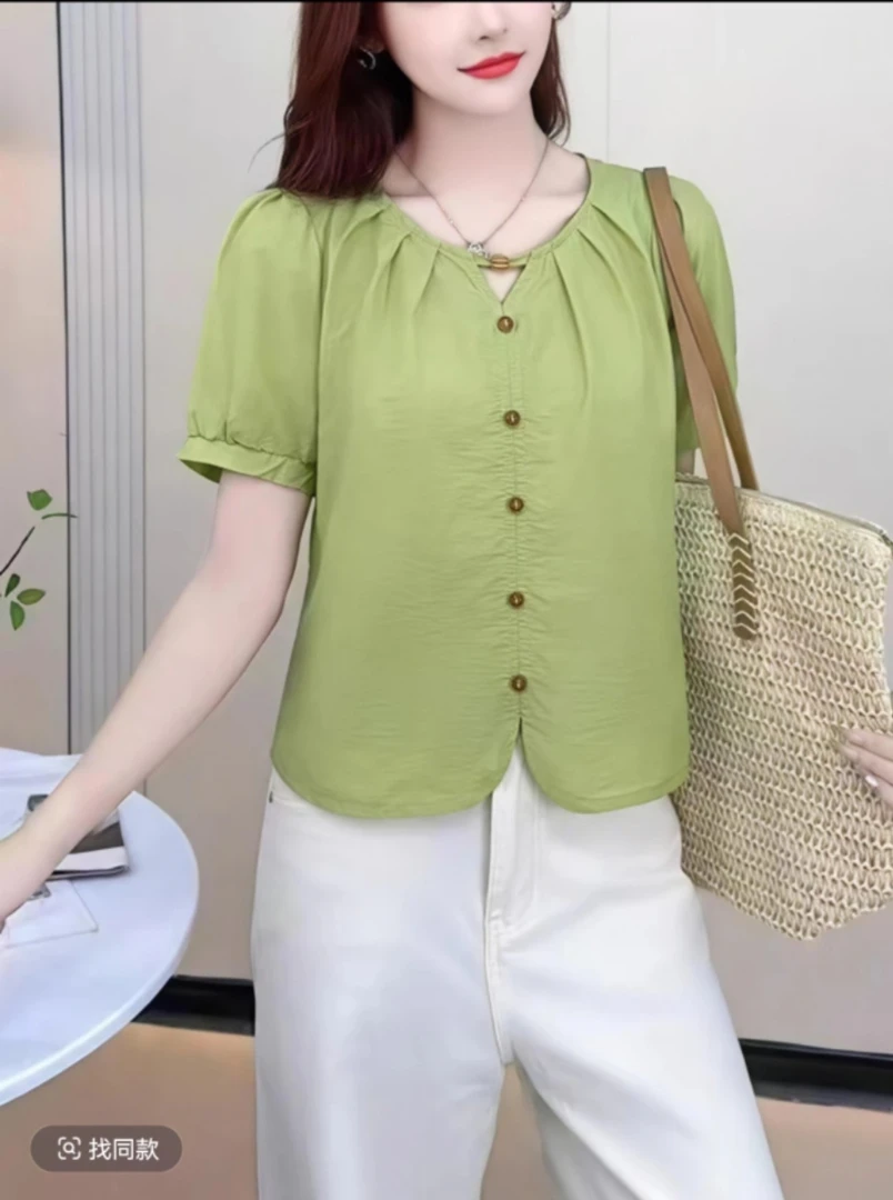 时尚气质百搭2025夏季新款韩版圆领显瘦短袖衬衫女串珠设计感上衣