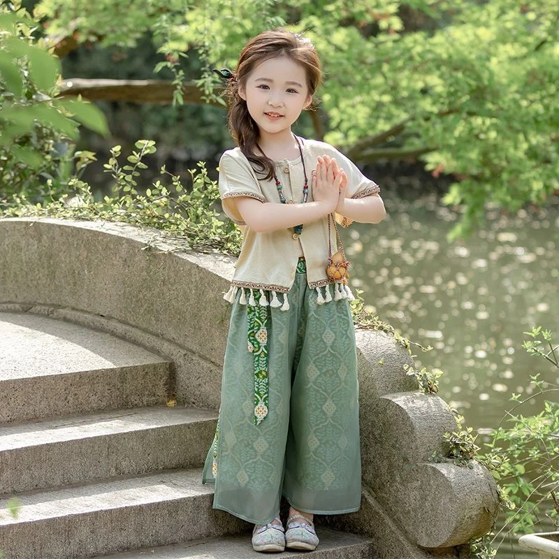 女童民族风夏季短袖套装2025新款儿童国风中式洋气女孩分体两件套