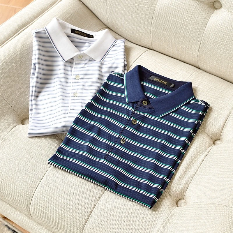 清度男士真丝短袖色织条纹夏季透气网眼桑蚕丝POLO衫