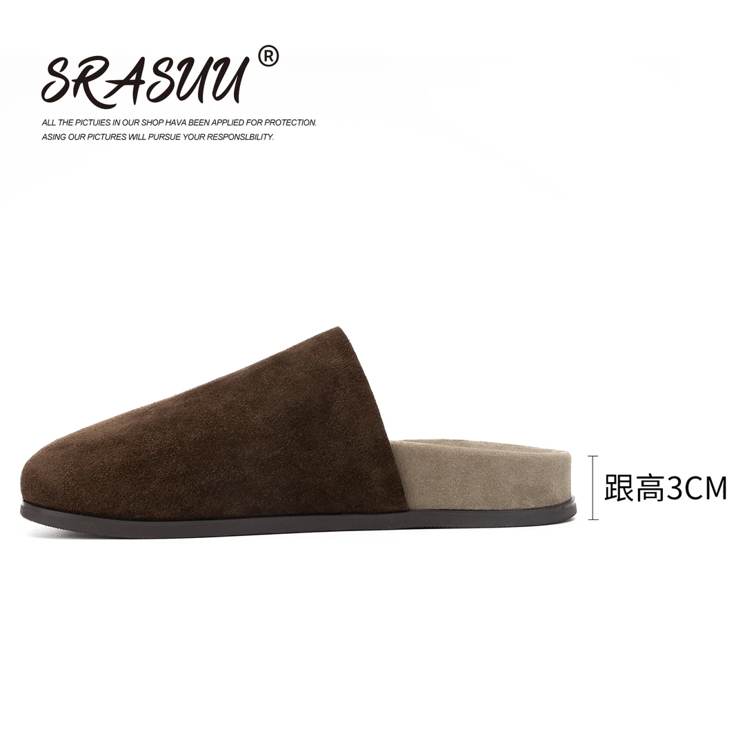 SRASUU/索莱诗2025新款真皮软底勃肯鞋ins潮流包头拖鞋外穿25711