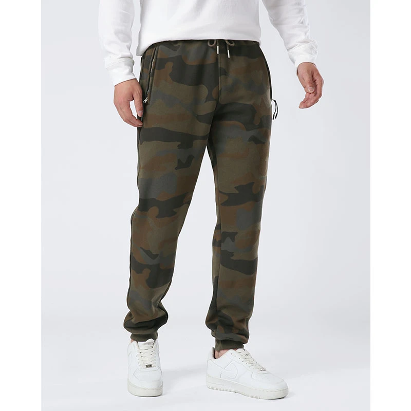 春秋毛圈迷彩裤男松紧腰运动卫裤拉链袋休闲工装裤宽松军旅束脚裤