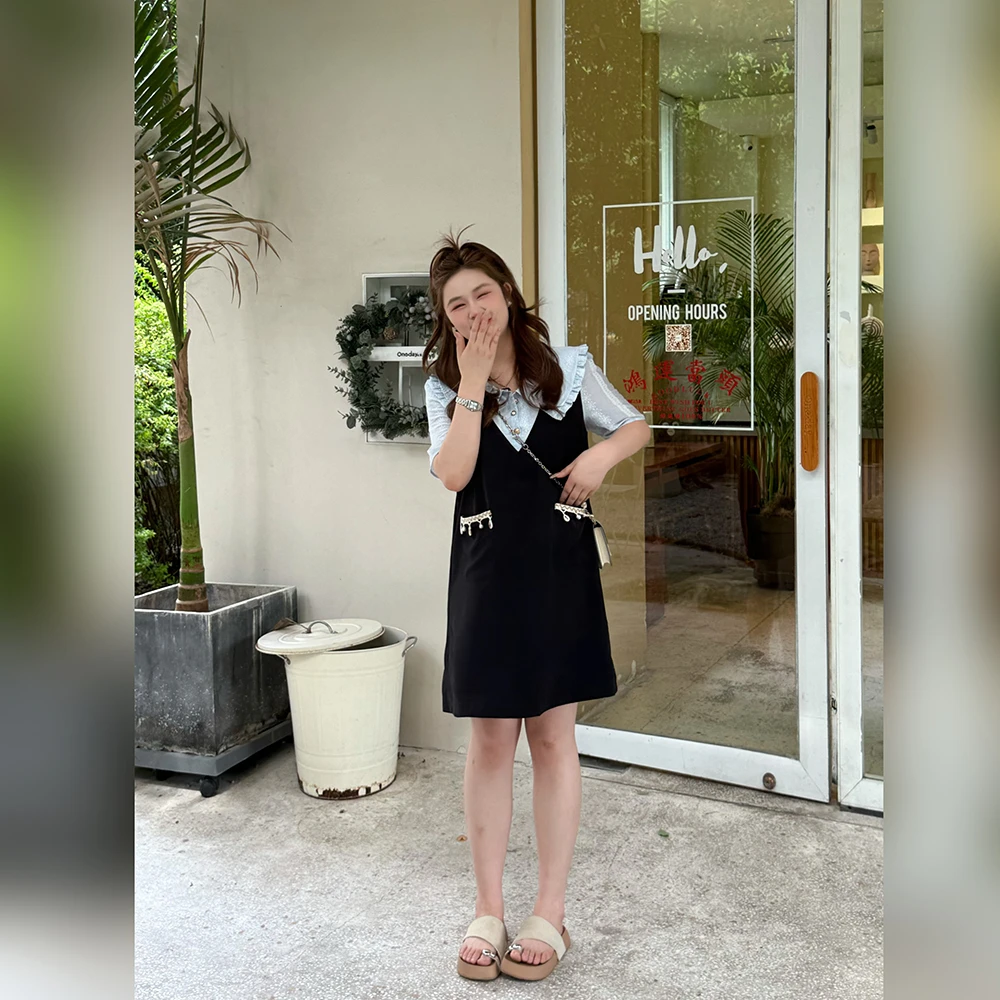 楠序【蓝海佳人】雯雯微胖女装 2025年夏装假两件休闲连衣裙YZ36387