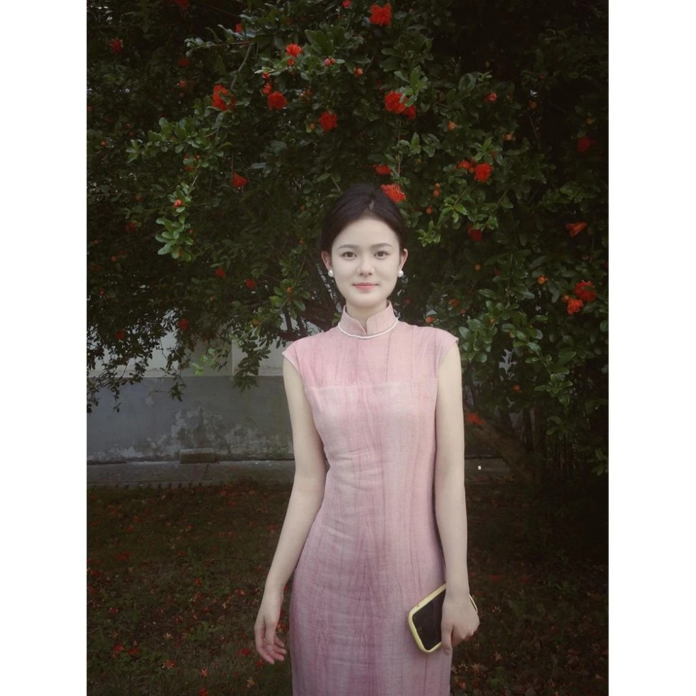 新中式粉色晕染立领无袖连衣裙女高级感优雅气质别致改良长款旗袍