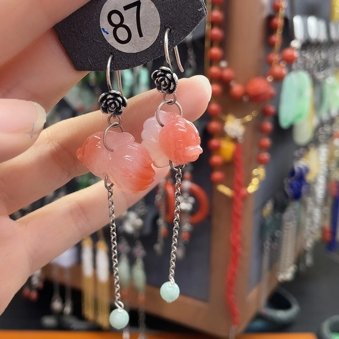 南红玛瑙耳饰银S925镶嵌拽*164fbbhgg