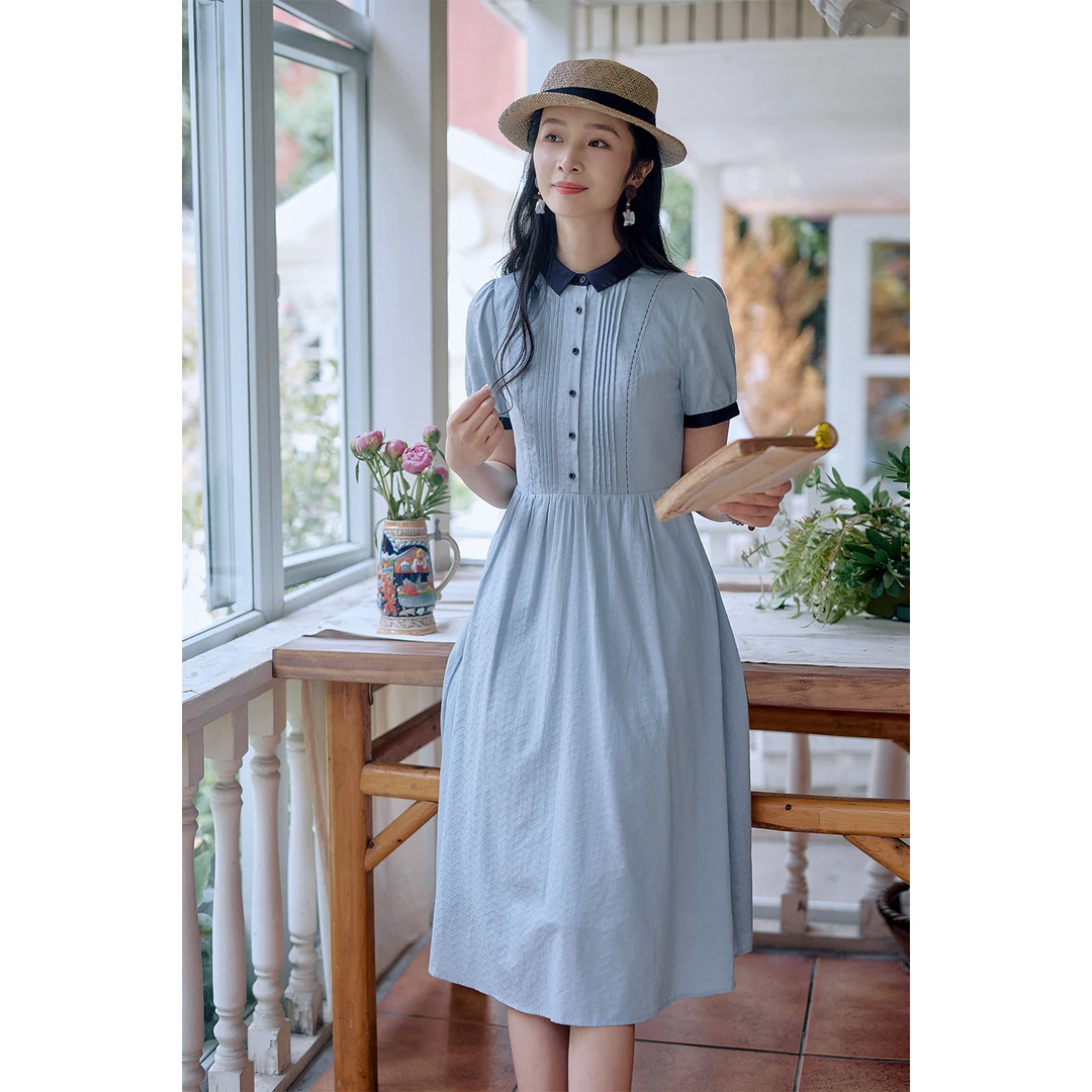红念原创文艺纯棉蓝色连衣裙女设计感夏季2025新款女装气质长裙子
