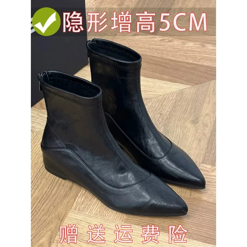 牛皮版~真皮内增高百搭气质瘦瘦短靴女复古英伦风尖头小个子裸靴