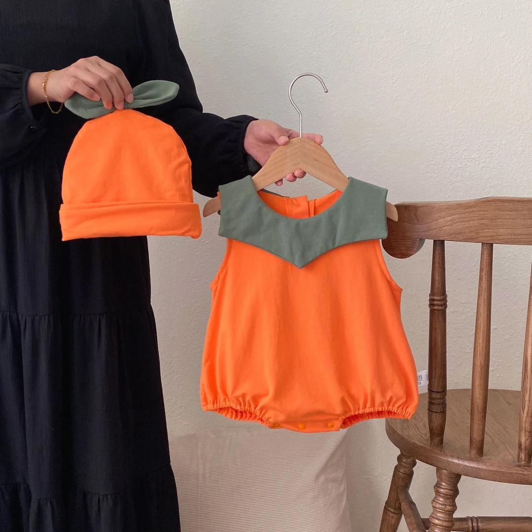 新款万圣节欧美婴儿可爱搞怪圆领无袖南瓜哈衣男女宝宝包屁衣爬服