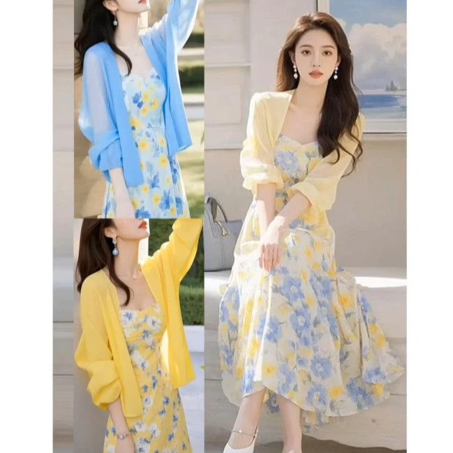 碎花雪纺连衣裙女2025夏修身显瘦减龄海边渡假开衫吊带裙子两件套