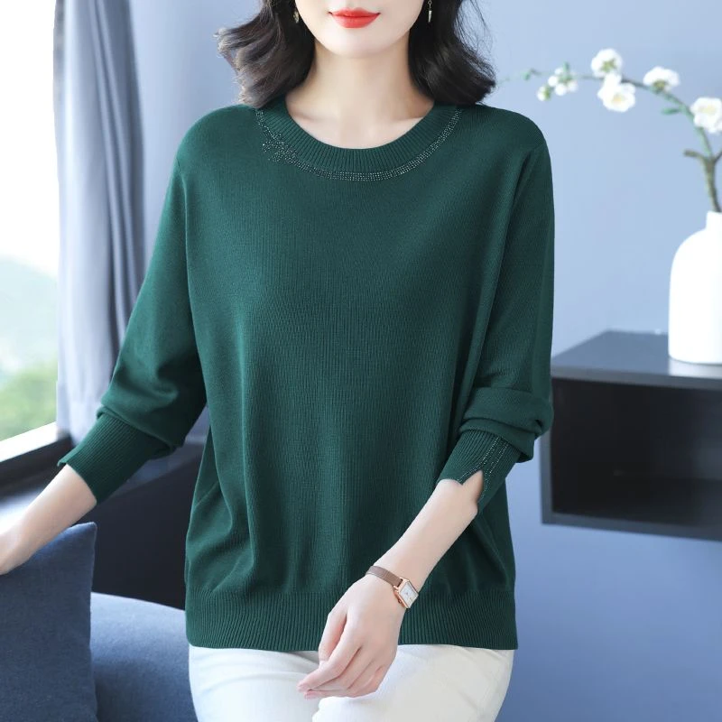 大码毛衣中年打底衫加大洋气春秋圆领气质针织上衣女显瘦圆领衫