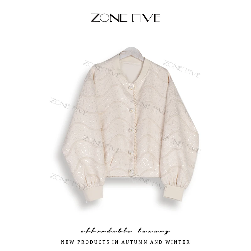 【zonefive】春装新中式国风亮片短款棒球服外套女重工时尚夹克上衣