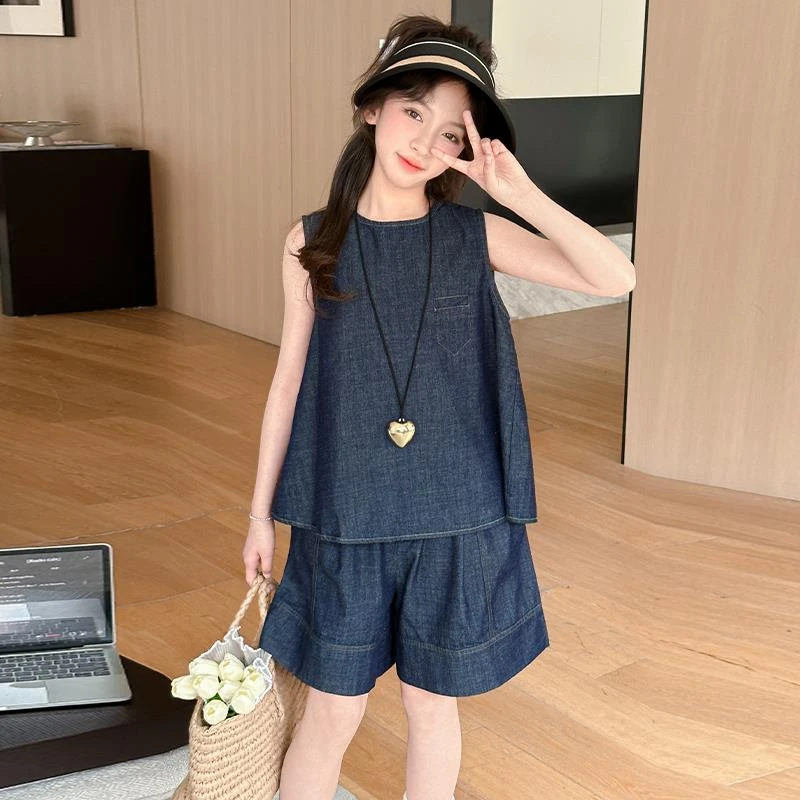 FAVMARTHA女童夏季无袖牛仔套装2025新款女大童韩版背心短裤两件