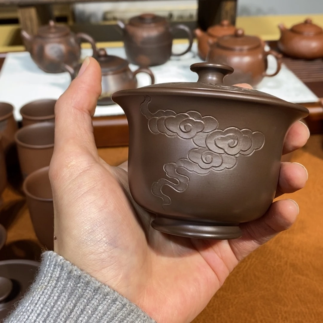 常*笃浮雕盖碗150ml坭兴陶手工制作