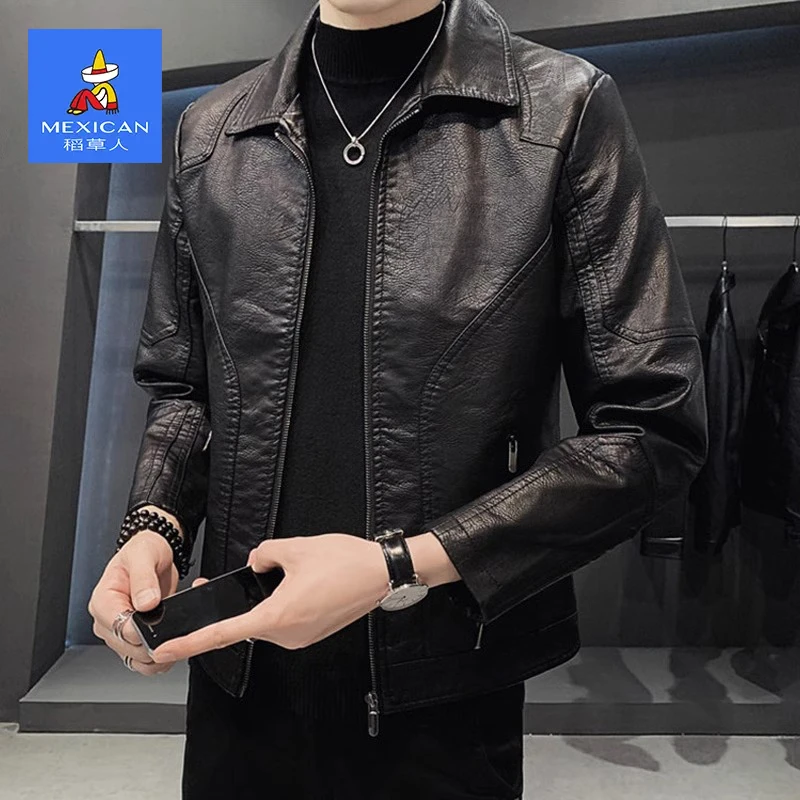 稻草人皮衣男士2025新款痞帅黑色翻领机车服百搭皮夹克外套春秋季