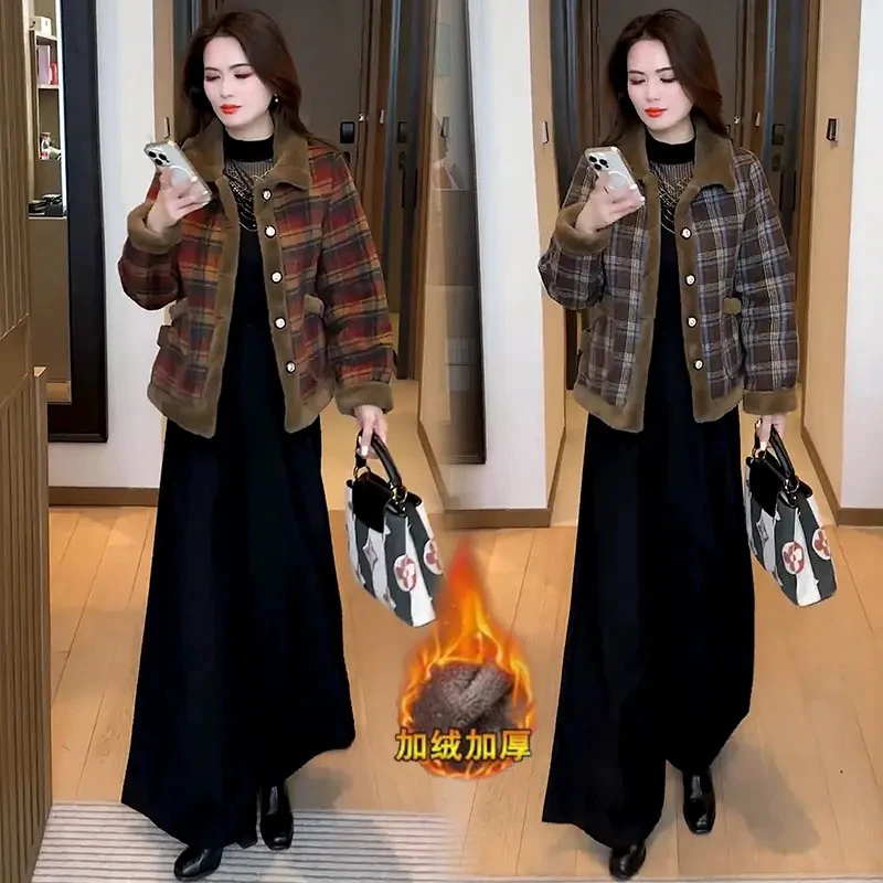 加绒加厚格子毛呢外套女2024冬季新款小个子时尚洋气显瘦复古外套