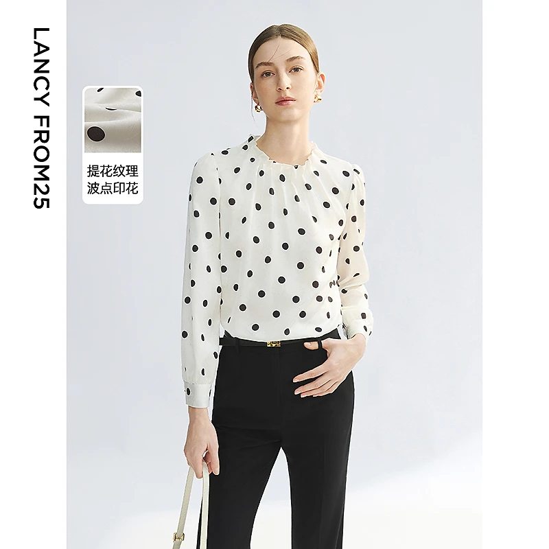 朗姿2025年春季新款白衬衫内搭叠穿衬衣高级感长袖设计感波点上衣