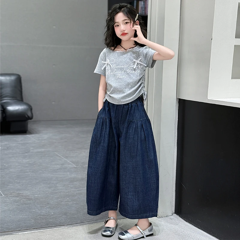 女童夏季休闲套装2025新款女大童洋气牛仔裤两件套儿童短袖阔腿裤