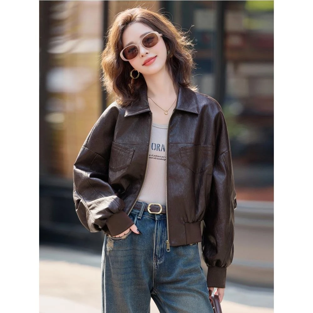女士皮夹克2025秋冬季新经典覆古百搭风格短宽松Pu皮夹克为小个子