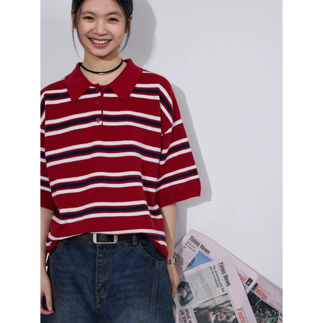 sameuoo「散步日记」条纹短袖休闲时尚复古针织质感夏季翻领t恤