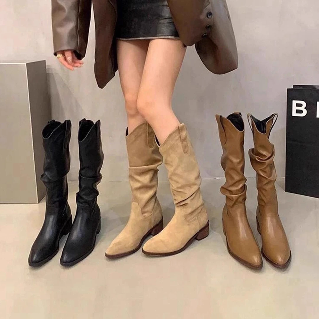 小个子卡其色韩版百搭侧拉链小众风~美拉德靴子法式棕色圆头高筒