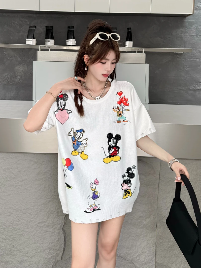 中长款圆领休闲卡通法式韩版宽松型短袖夏季减龄印花T恤9908