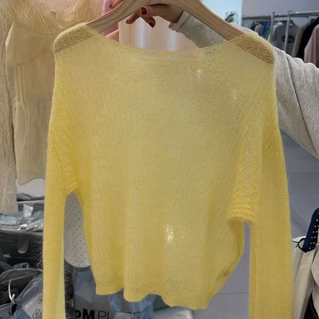 （NO退NO换）长袖套头上衣薄款镂空百搭打底衫气质毛针织衫黄色