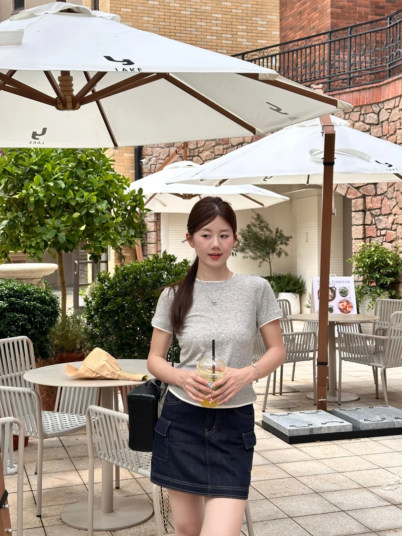 Zoe studio 经典极简修身撞色短袖T恤上衣 52711