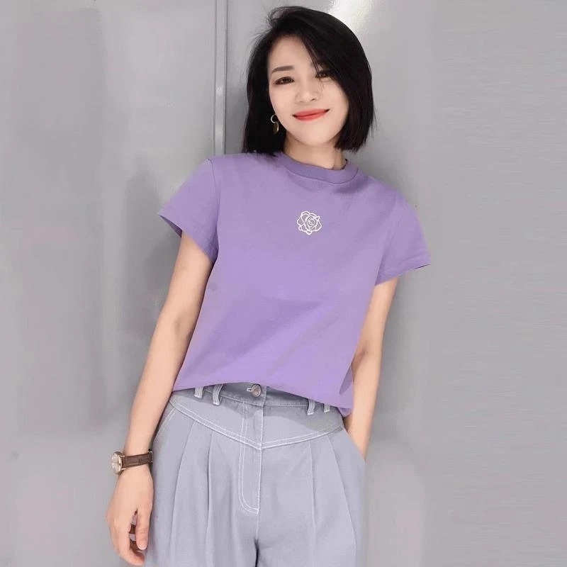 哥弟阿玛施正纯色正肩2025夏季新款圆领茶花短袖白色t恤女款上衣