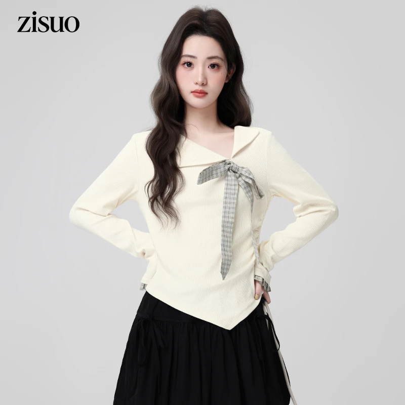 不规则斜领长袖T恤女春秋2026冬新款收腰显瘦内搭可外穿短款上衣