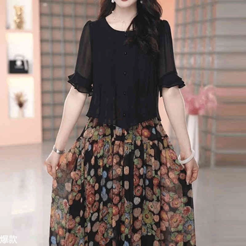 假两件轻羽丝雪纺连衣裙女遮肉2024夏季新款时尚显瘦碎花套装裙子