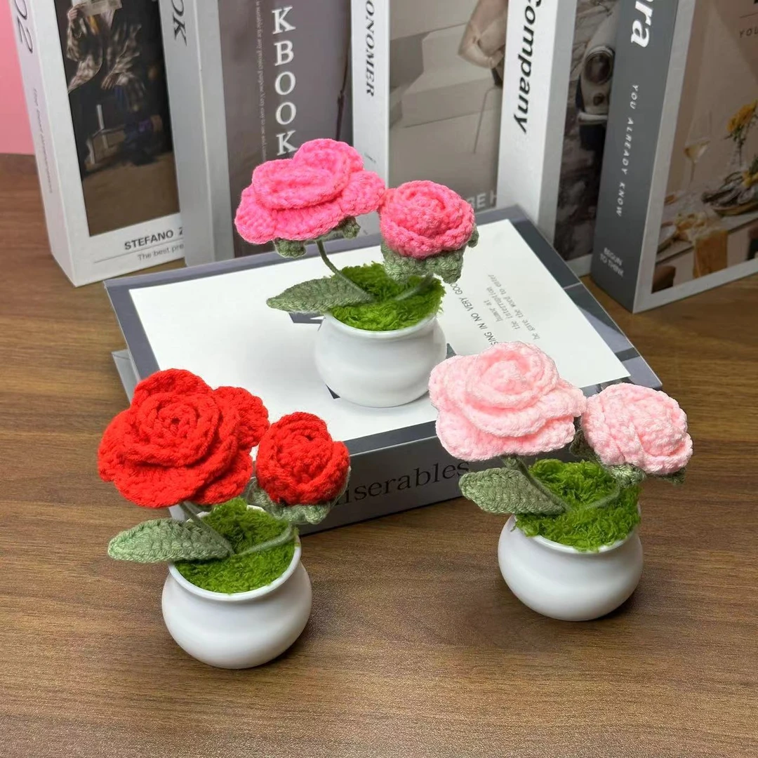 手工编织仿真毛线花盆栽成品车载桌面摆件向日葵玫瑰花