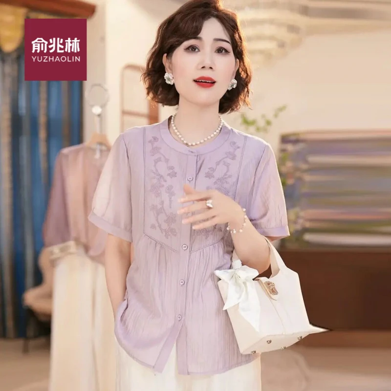 俞兆林2025中老年妈妈时尚短袖衬衣开衫新款夏季衬衫洋气复古薄款