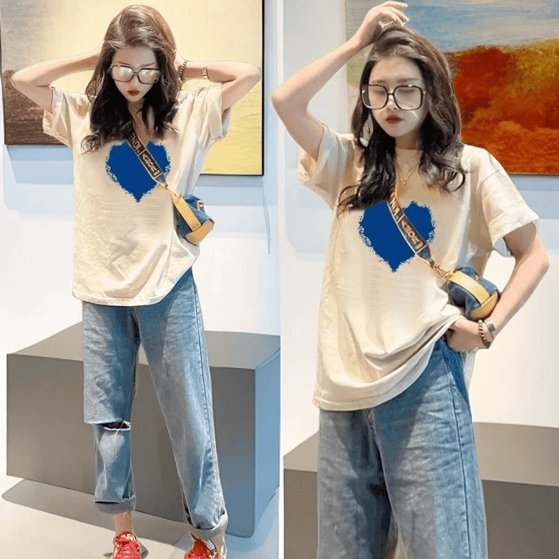 新款女式短袖上衣夏季百搭宽松显瘦时尚心形印花纯棉圆领休闲薄款