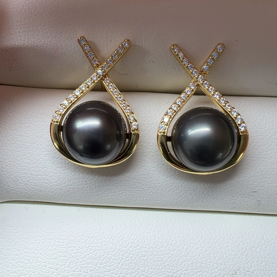 银S925镶嵌大溪地黑珍珠10+耳饰海水珍珠