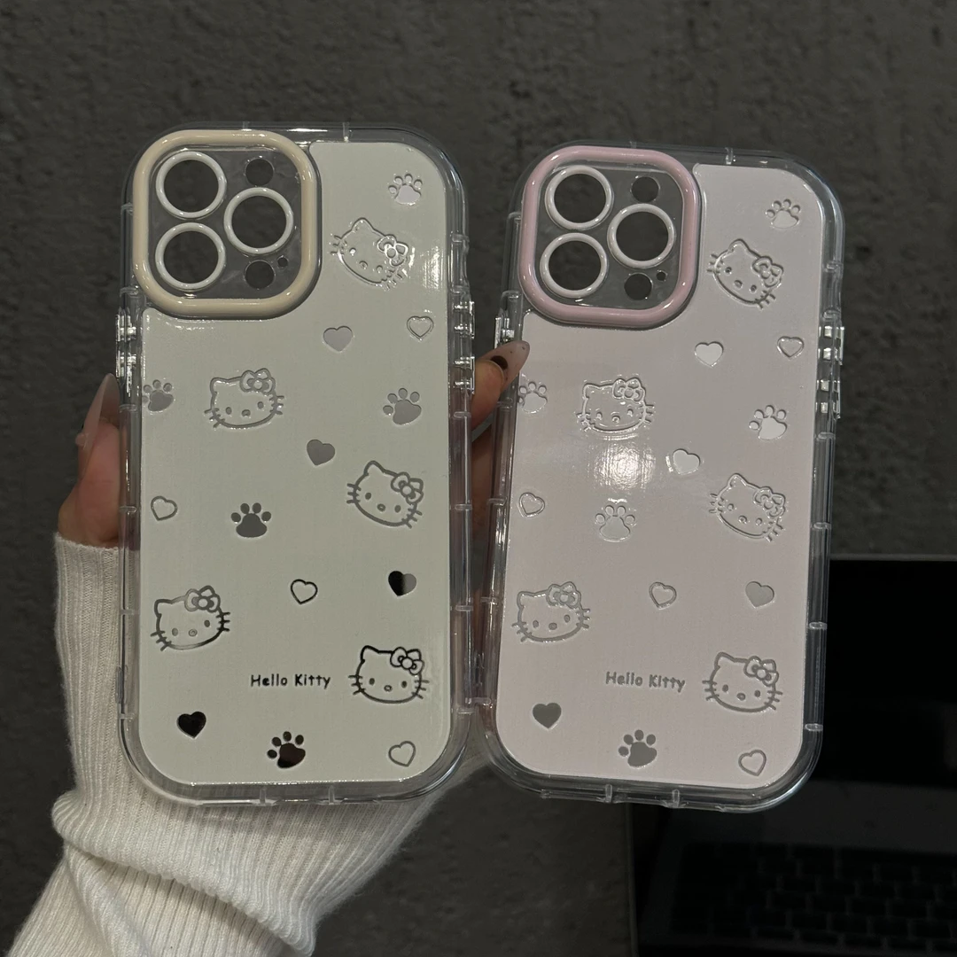 爱心kitty线条适用苹果17pro手机壳iPhone15镜面华为oppo奶油小米
