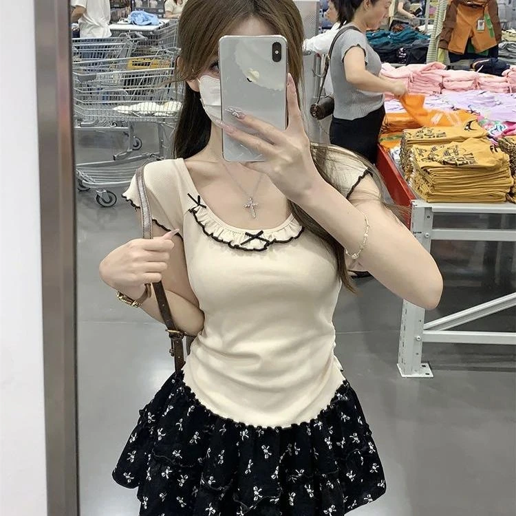 法式蝴蝶结木耳边正肩U领T恤女夏纯欲修身针织褶皱带胸垫短袖上衣