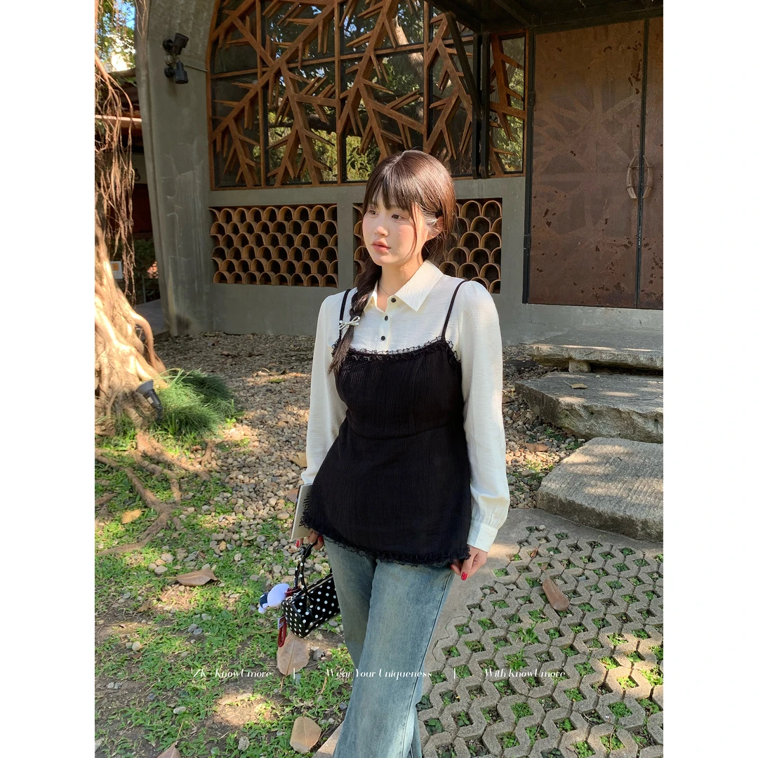 知葵微胖定制【洋房花卉】初春小众简约衬衫吊带两件套12244BD8856