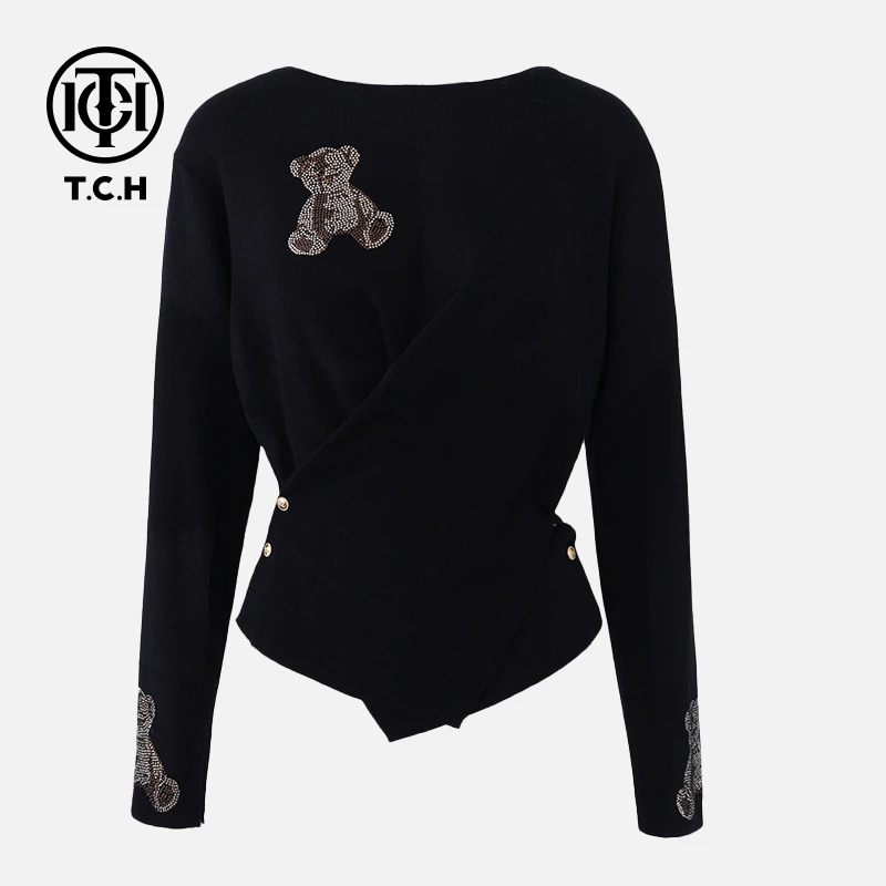 TCH烫钻长袖时尚小熊高级感黑色针织衫毛衣女秋冬轻奢tch打底上衣