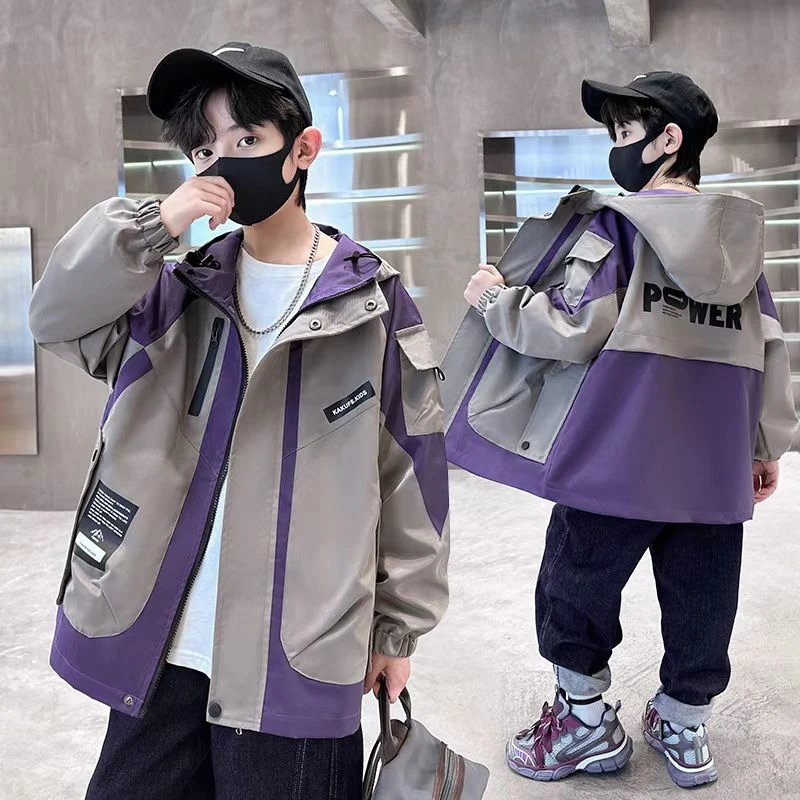 男童外套春秋款新款秋季男孩洋气外套中大儿童炸街连帽拼接005