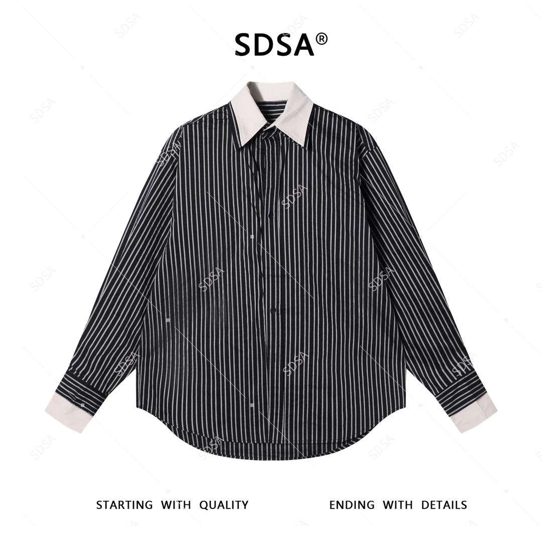 SDSA男士秋冬新款轻奢痞帅男装撞色竖纹假两件翻领衬衫时尚衬衣潮