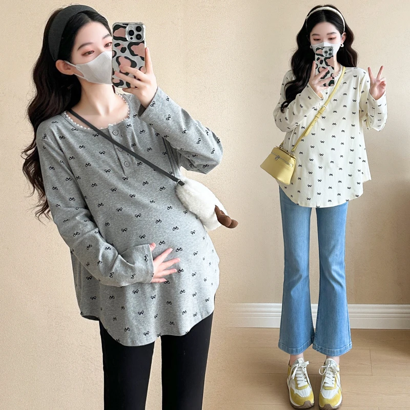 2025春季新款孕妇装韩版长袖纯棉T恤大码宽松显瘦中长款时尚上衣