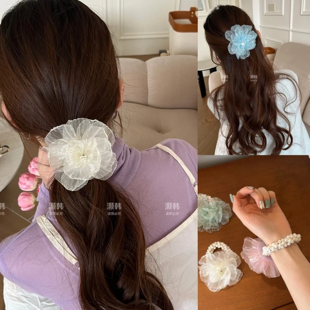 海棠网纱！公主月光纱发绳版！新款甜美珠光网纱仿珍珠发绳发圈