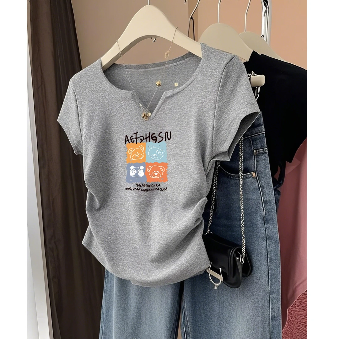 欧货正肩V领百搭短袖t恤女设计感小众收腰修身显瘦上衣体恤夏季潮